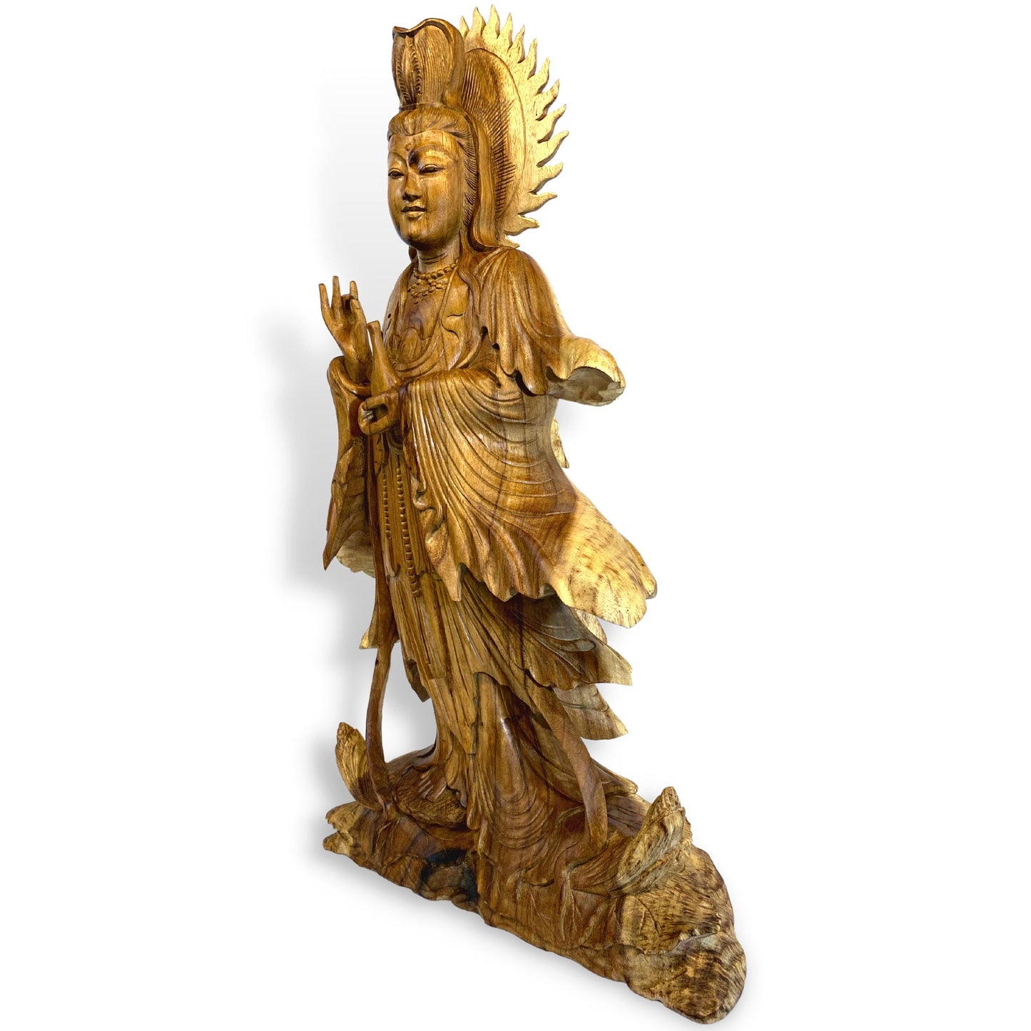 Hand Carved Guanyin Goddess of Compassion Statue: Balinese Wood Sculpture, 31" Tall
