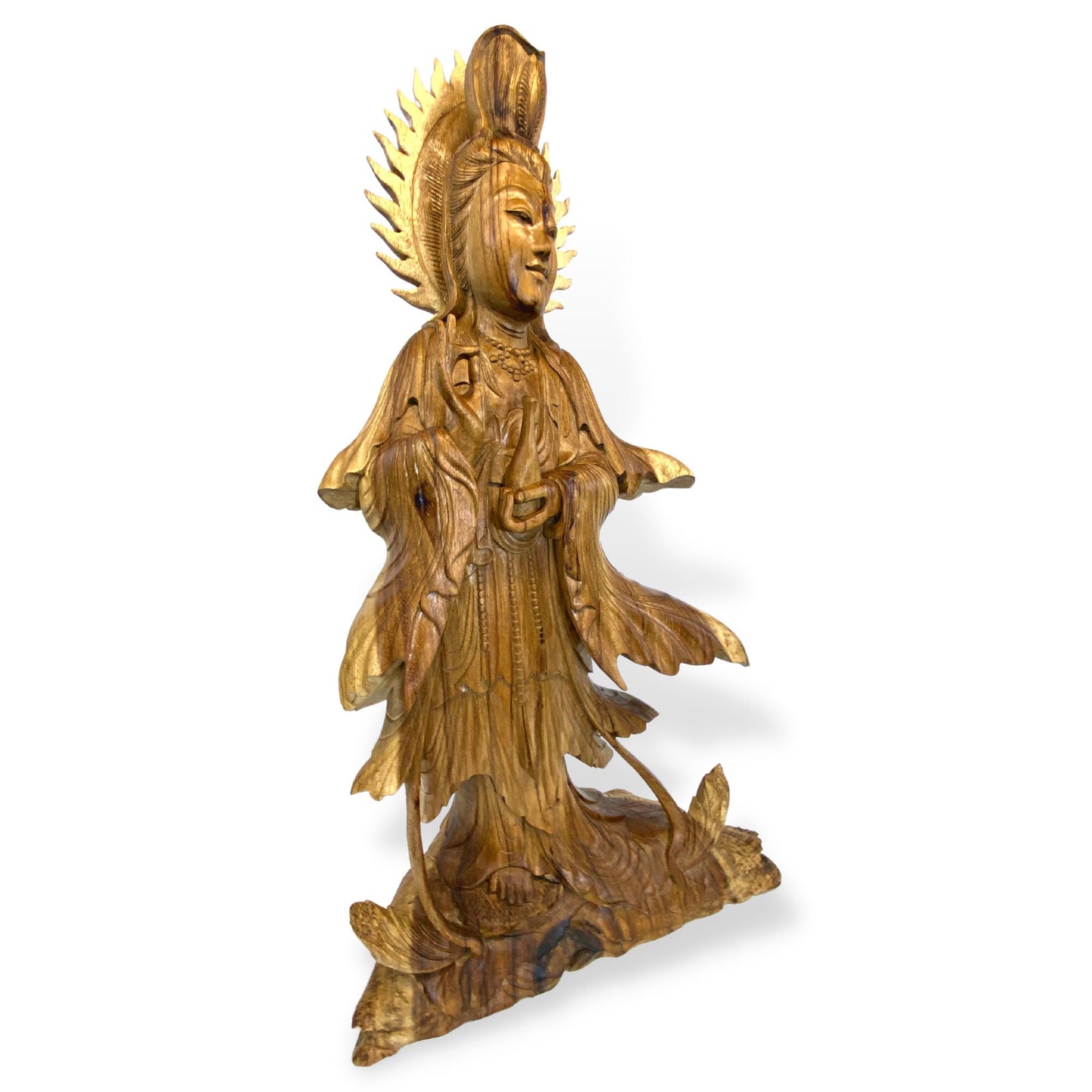 Hand Carved Guanyin Goddess of Compassion Statue: Balinese Wood Sculpture, 31" Tall