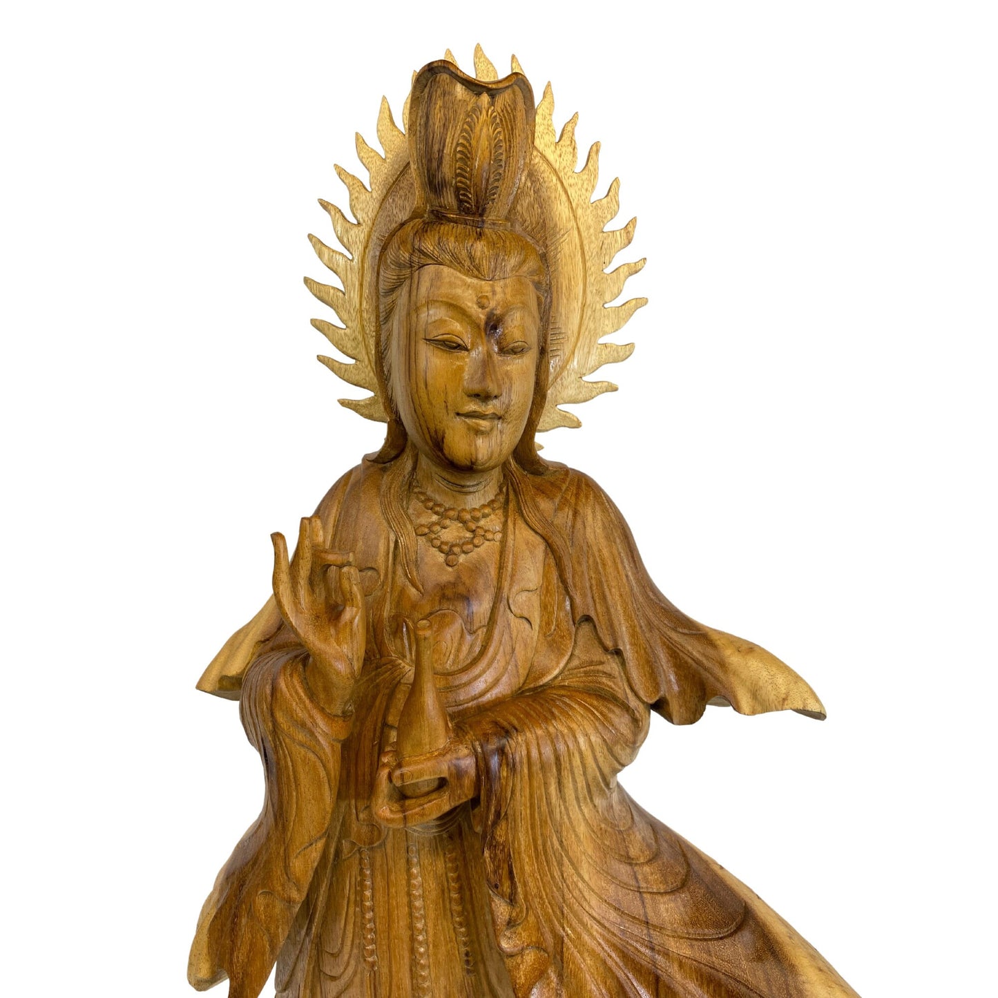 Hand Carved Guanyin Goddess of Compassion Statue: Balinese Wood Sculpture, 31" Tall