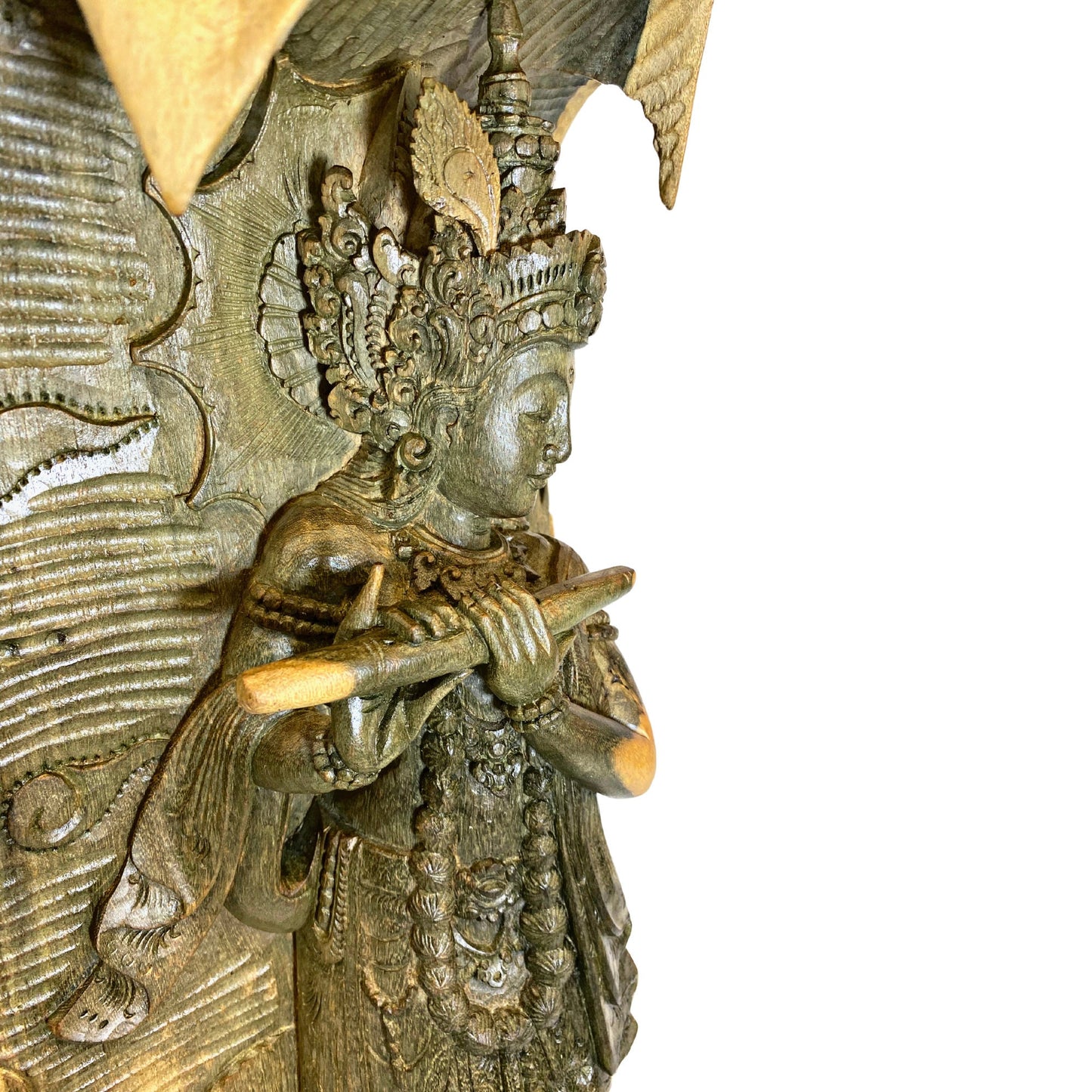 Lord Krishna Sculpture Playing Flute Standing Upon Padma Lotus Base Hand Carved Balinese Wood Statue Carving Bali Art
