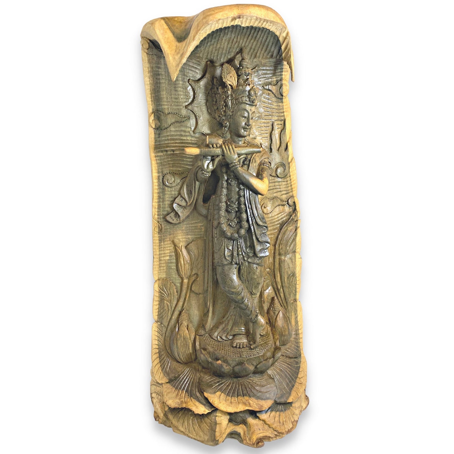 Lord Krishna Sculpture Playing Flute Standing Upon Padma Lotus Base Hand Carved Balinese Wood Statue Carving Bali Art