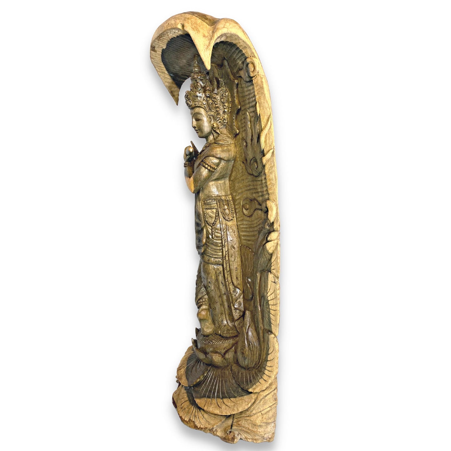 Lord Krishna Sculpture Playing Flute Standing Upon Padma Lotus Base Hand Carved Balinese Wood Statue Carving Bali Art