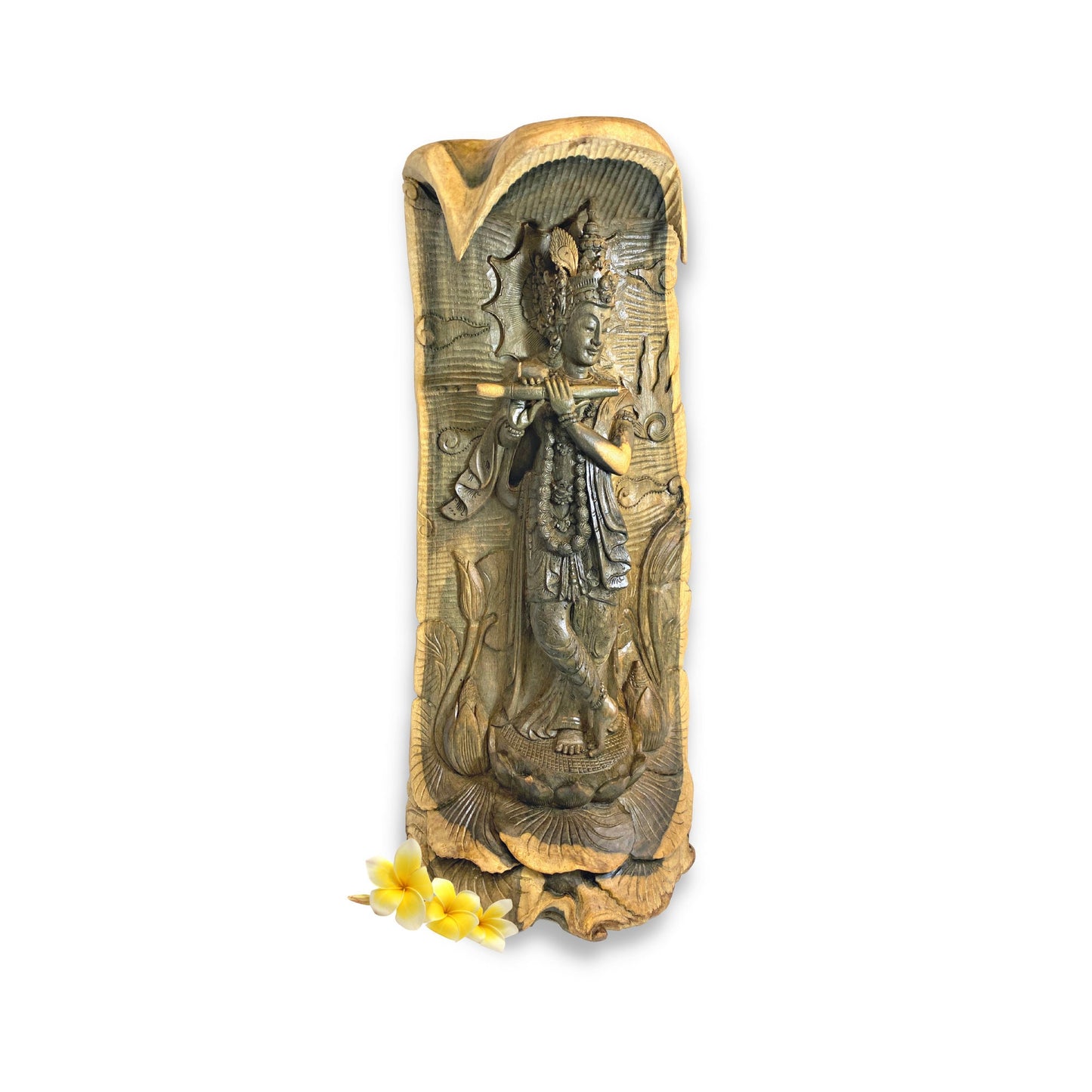 Lord Krishna Sculpture Playing Flute Standing Upon Padma Lotus Base Hand Carved Balinese Wood Statue Carving Bali Art