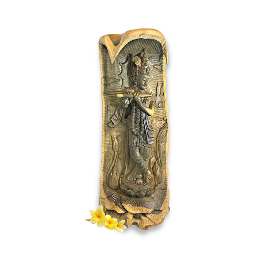 Lord Krishna Sculpture Playing Flute Standing Upon Padma Lotus Base Hand Carved Balinese Wood Statue Carving Bali Art