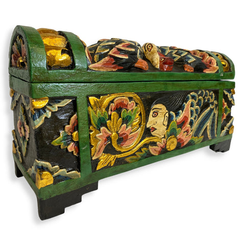 Balinese Mermaid & Fish DOWRY Temple Offering BOX Hand Carved Polychrome Painted Wood Bali Folk Art Stash Box