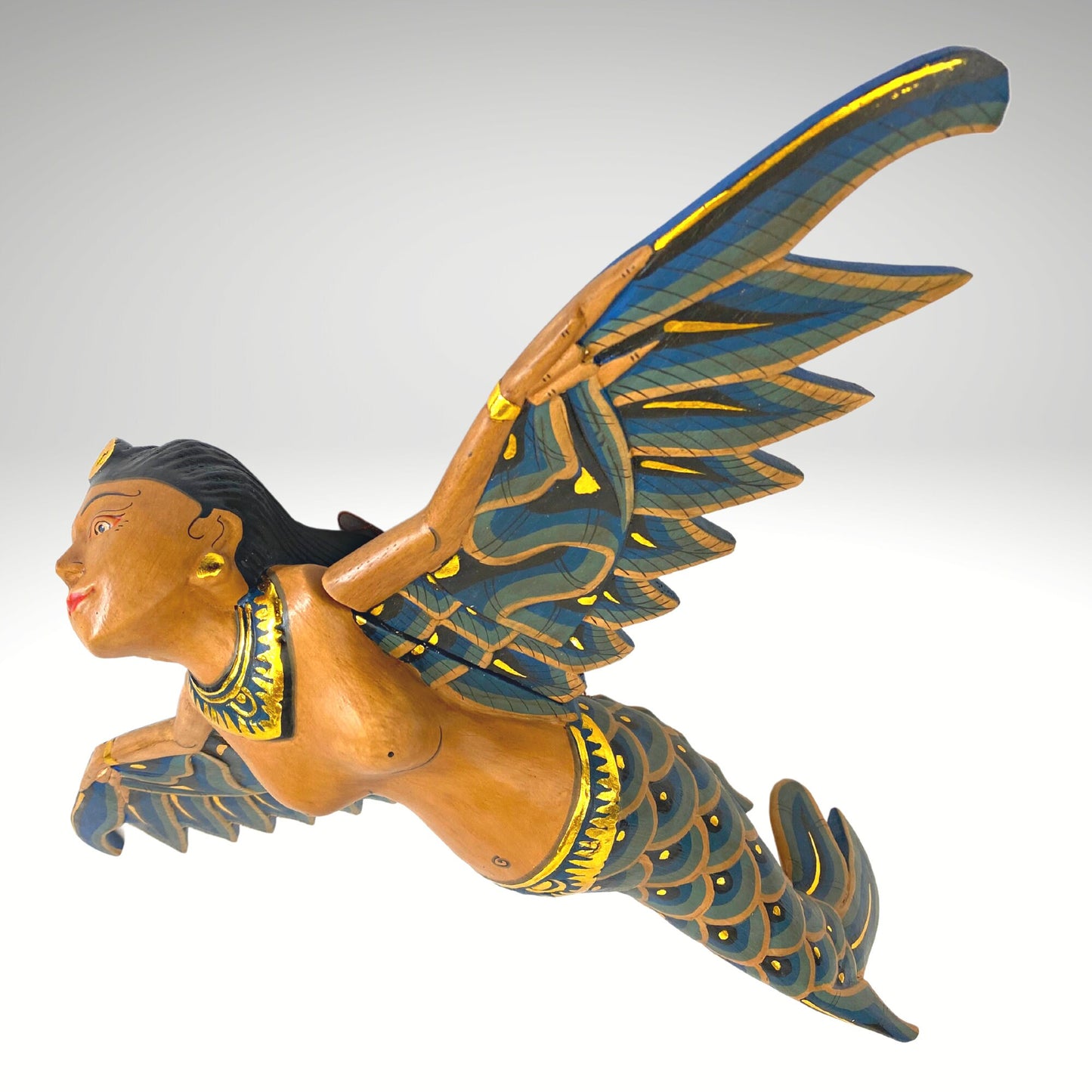Bali Winged Mermaid Goddess Mobile Cradle Guardian Carved wood Balinese art 15&quot; - Acadia World Traders