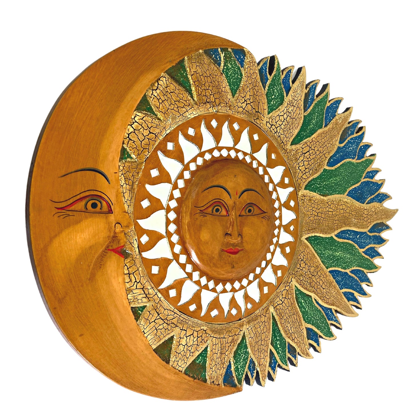 Wind Blown Sun & Moon Sunburst Celestial Wall Art Plaque Half MOON Carved hand painted Bali Balinese folk art Blue Green