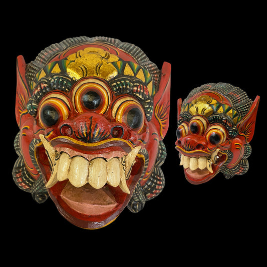 Balinese Mask Boma Barong Third Eye Three Eyed Demon Monster Rakshasa Mask Bali Folk Art Hand Carved Wood Carving Red - Acadia World Traders