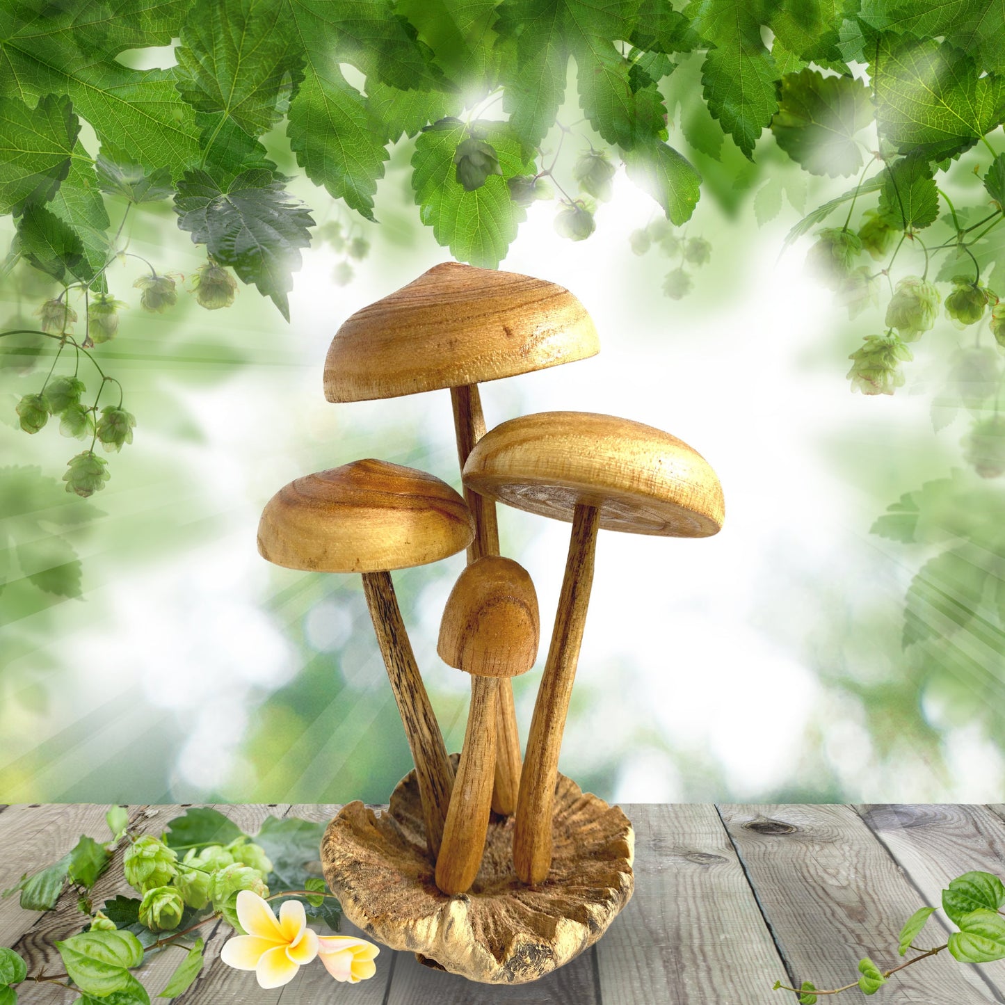 Forest Mushroom Cluster Sculpture: Hand Carved Balinese Parasite Wood Statue 9"