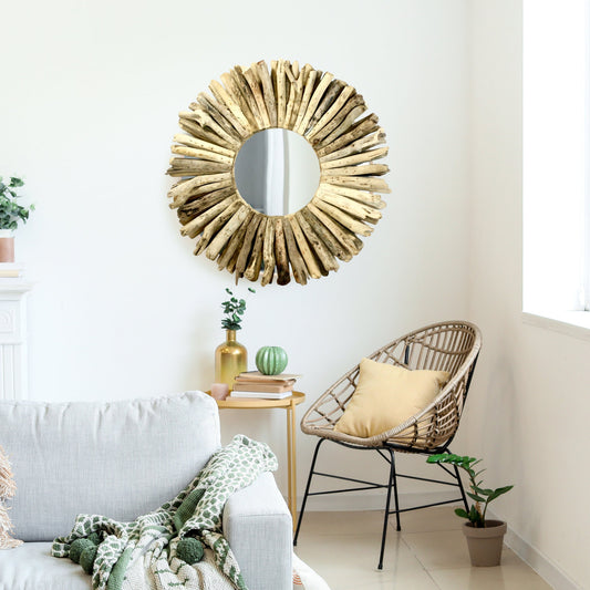 Rustic Mirror Round Driftwood Flotsam Wall Art Mirror Lodge Cottage Beach Beachy Farmhouse Decor 24&quot;