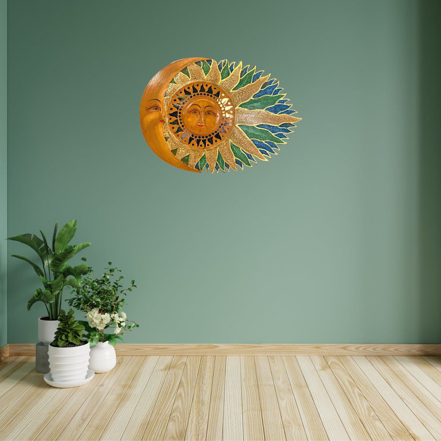 Wind Blown Sun & Moon Sunburst Celestial Wall Art Plaque Half MOON Carved hand painted Bali Balinese folk art Blue Green