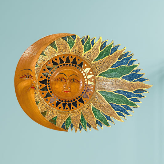 Wind Blown Sun & Moon Sunburst Celestial Wall Art Plaque Half MOON Carved hand painted Bali Balinese folk art Blue Green