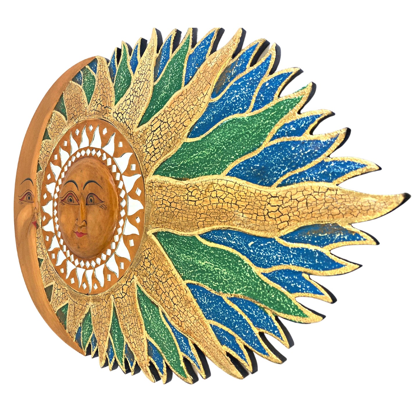 Wind Blown Sun & Moon Sunburst Celestial Wall Art Plaque Half MOON Carved hand painted Bali Balinese folk art Blue Green