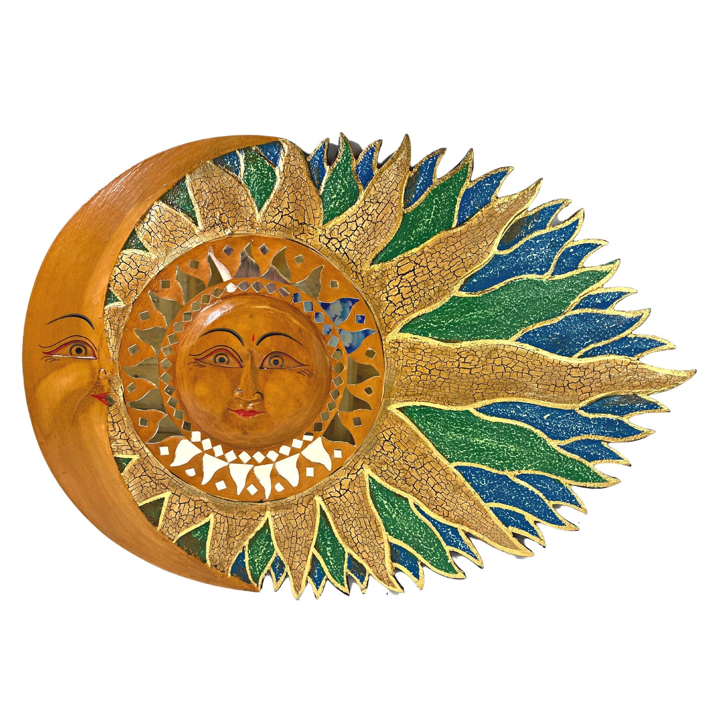 Wind Blown Sun & Moon Sunburst Celestial Wall Art Plaque Half MOON Carved hand painted Bali Balinese folk art Blue Green