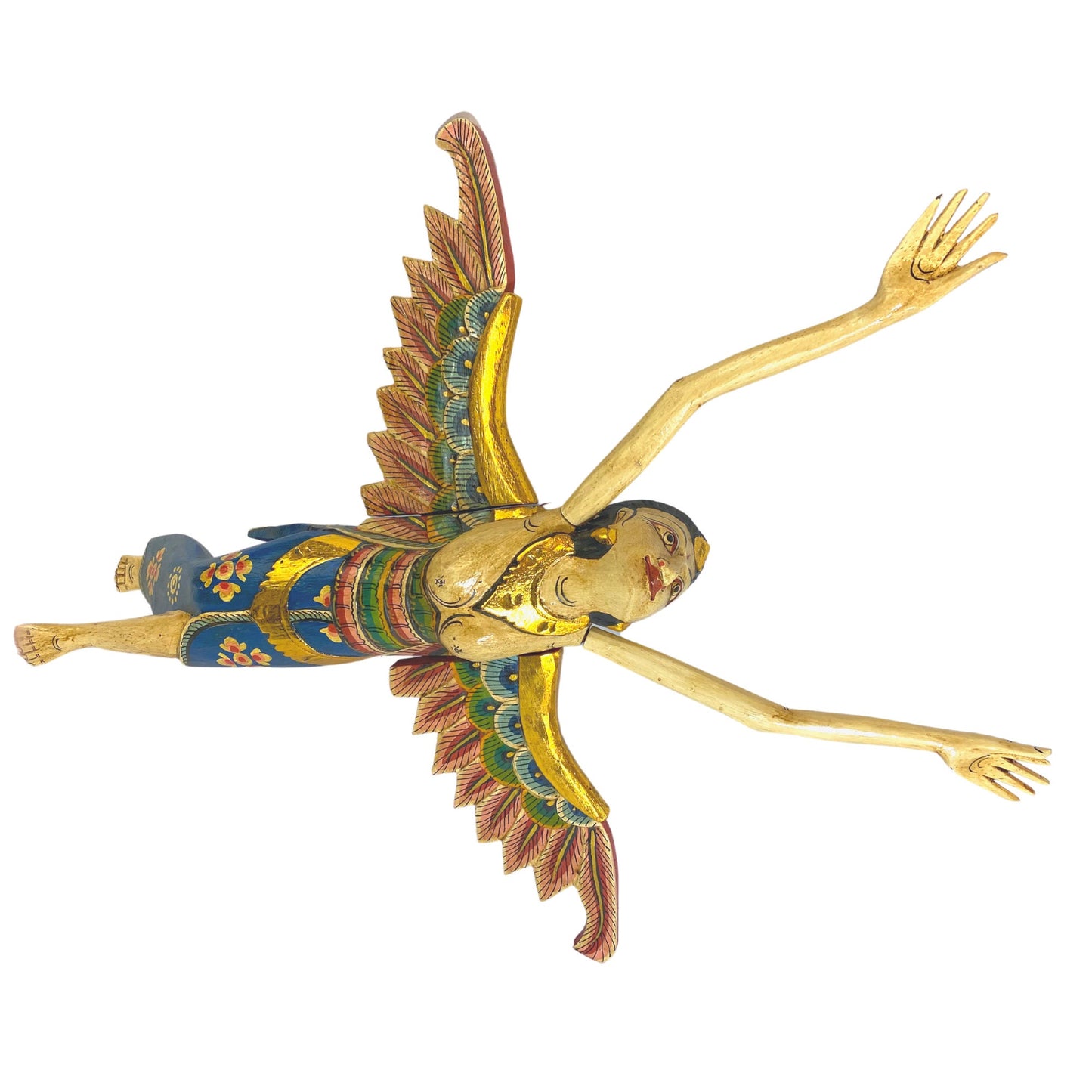 Flying Winged Dewi Sri Rice Goddess Mobile Spiritchaser Crib Guardian Carved Wood Bali art Teal Balinese Folk Art