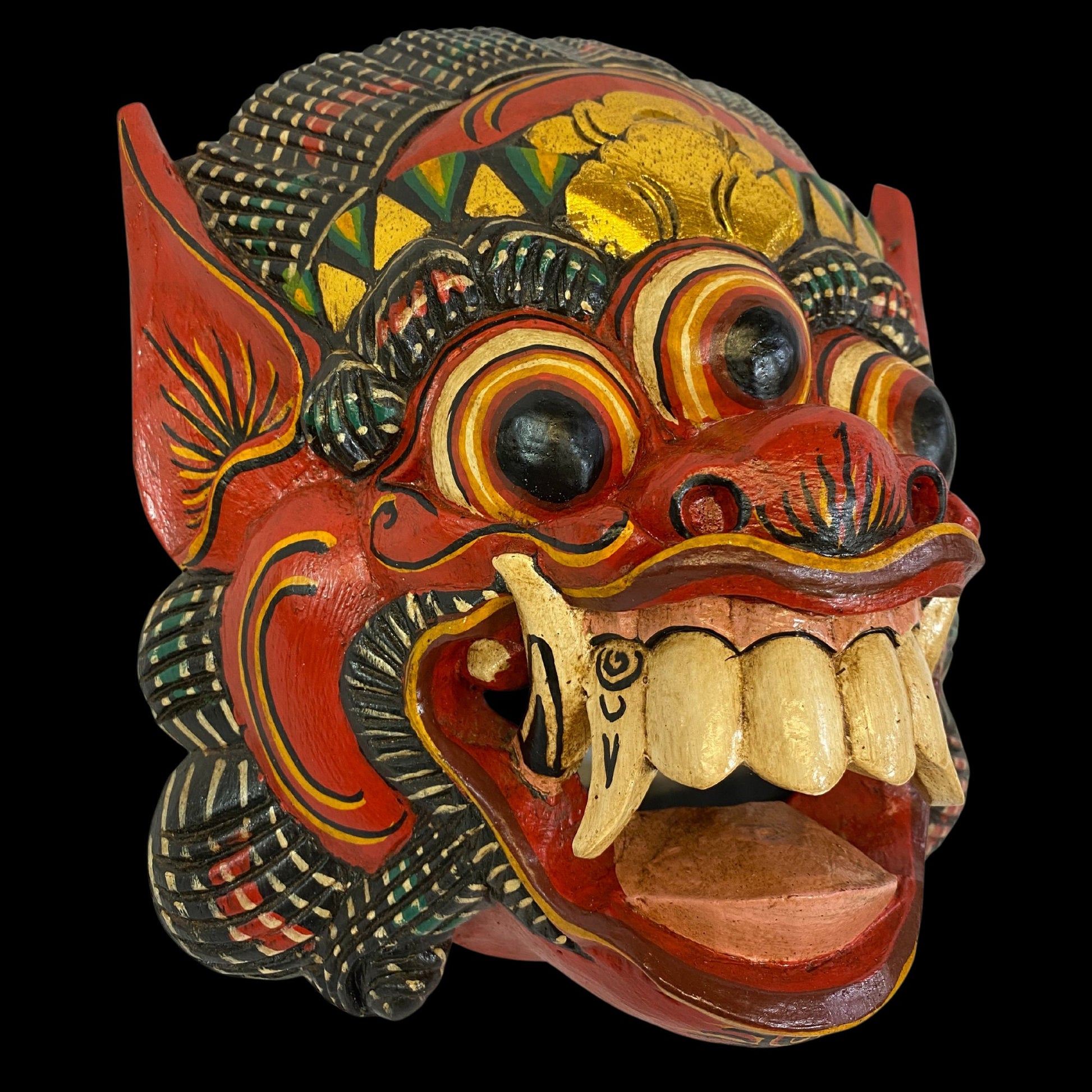 Balinese Mask Boma Barong Third Eye Three Eyed Demon Monster Rakshasa Mask Bali Folk Art Hand Carved Wood Carving Red - Acadia World Traders