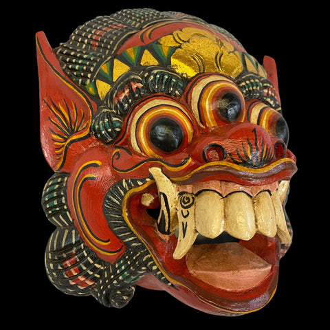 Balinese Mask Boma Barong Third Eye Three Eyed Demon Monster Rakshasa Mask Bali Folk Art Hand Carved Wood Carving Red