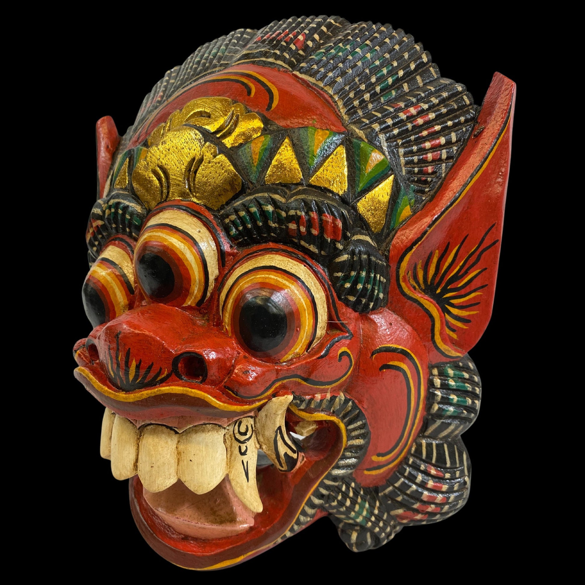 Balinese Mask Boma Barong Third Eye Three Eyed Demon Monster Rakshasa Mask Bali Folk Art Hand Carved Wood Carving Red - Acadia World Traders