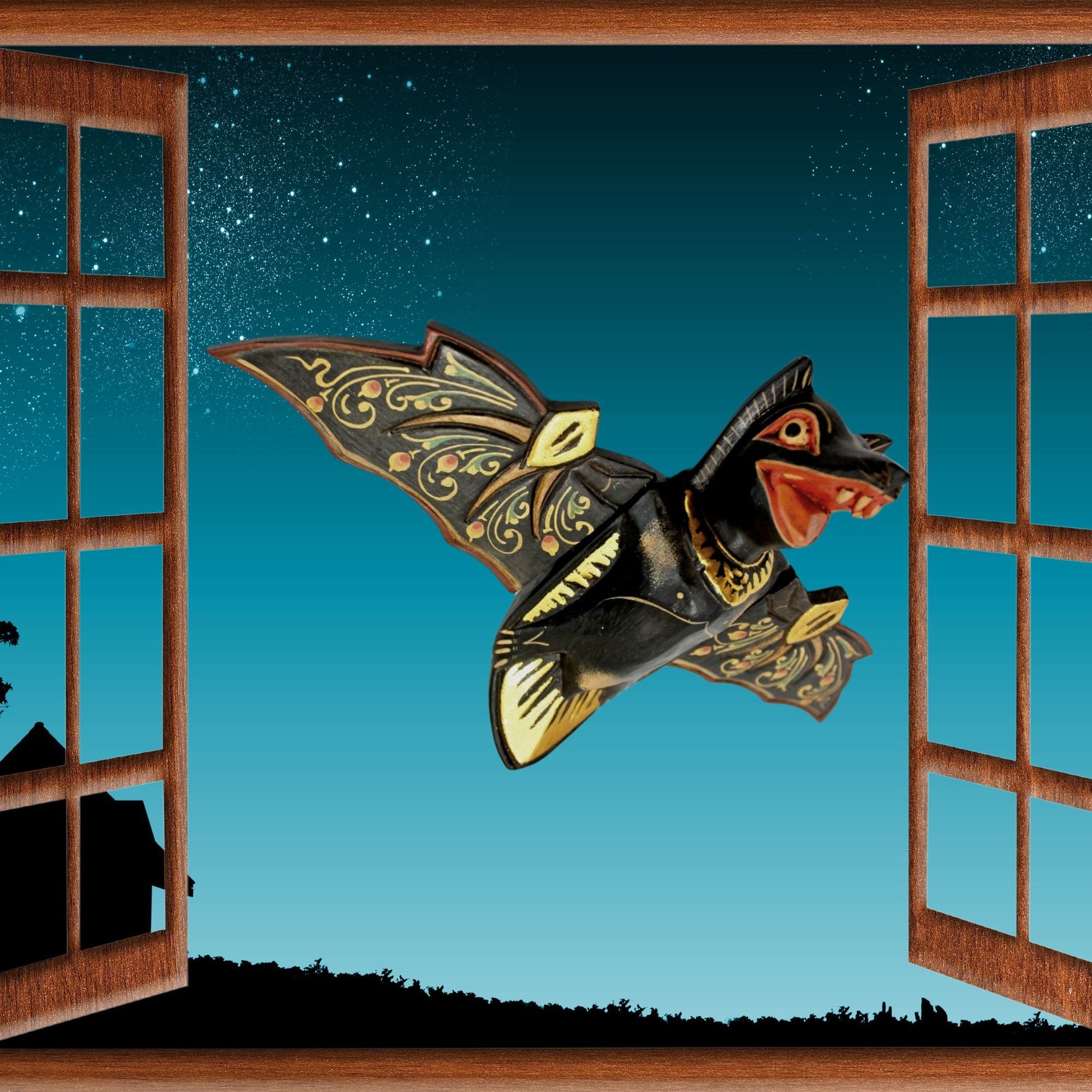 flying Black Bat Mobile Balinese Spirit Chaser hand carved wood Bali Art - Acadia World Traders