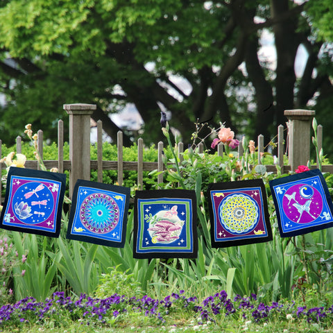 Mandala Prayer flag forest Mushrooms Dragonfly Moon light Butterfly Wall hanging Banner Handmade Balinese Batik Art