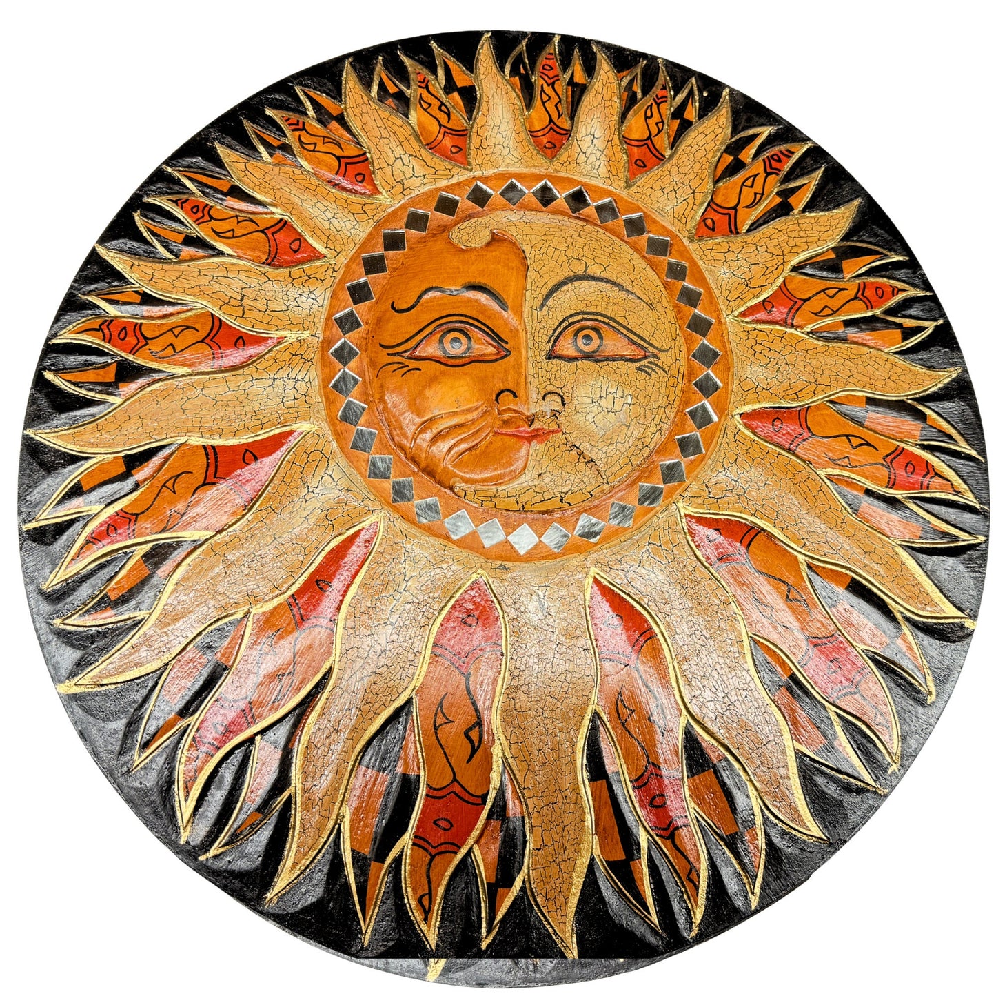 Batik Sunburst Sun Wall Art Round Plaque Half MOON Celestial Carved hand painted Bali folkart 16 in
