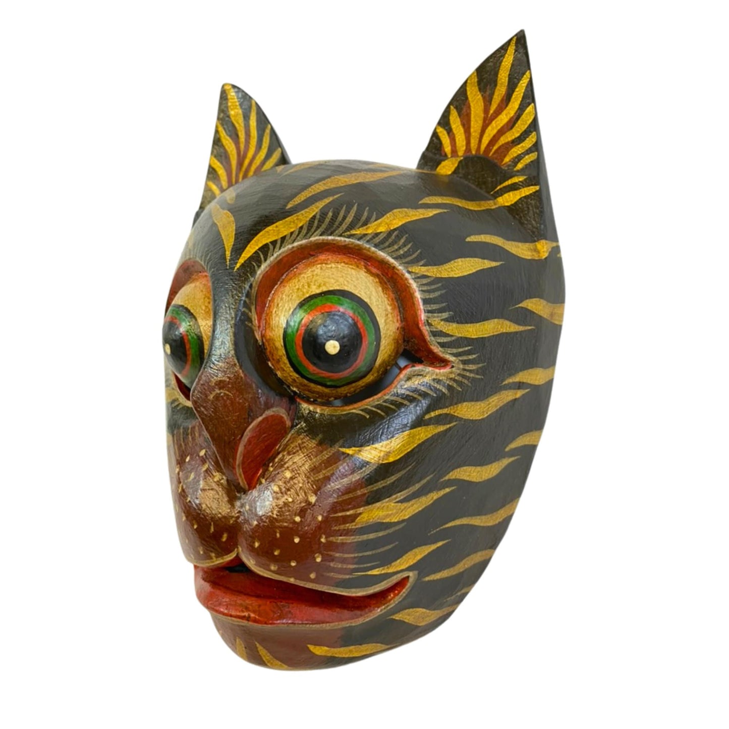 Balinese Stripped Black Tiger Cat Mask: Hand Carved Wood Folk Art Wall Decor