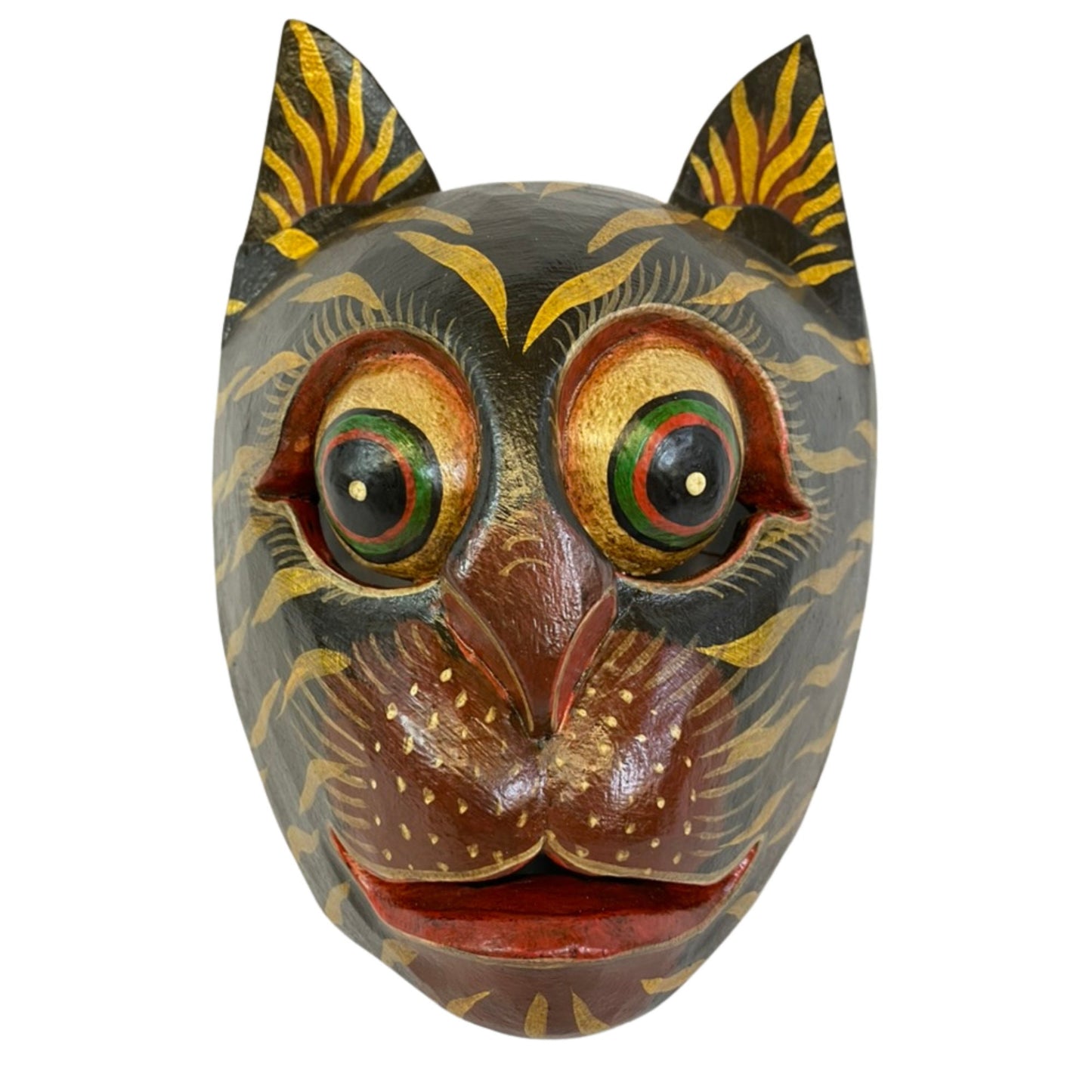 Balinese Stripped Black Tiger Cat Mask: Hand Carved Wood Folk Art Wall Decor
