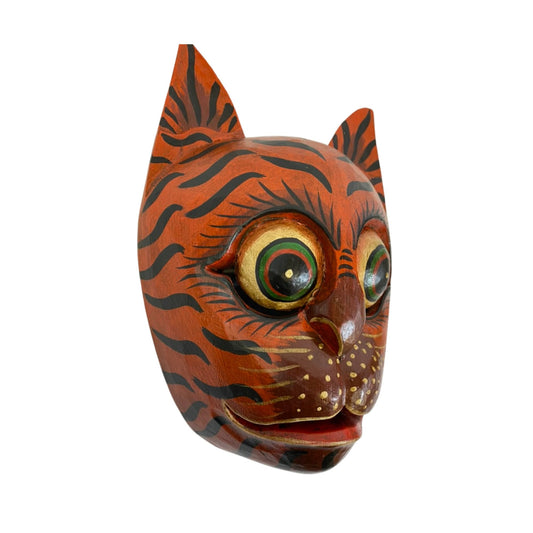 Balinese Tiger Cat Mask Striped Cat Feline Drama Mask Topeng  Ginger Kitty Scaredy-cat  Bali Folk Art hand carved wood Carving Wall Art