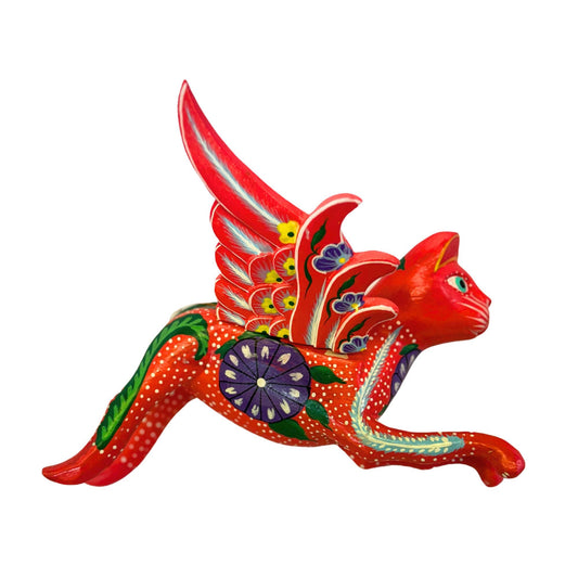 Balinese Flying Red Cat Spiritchaser Mobile: Carved Wood Bali Folk Art, Morning Glory Cat - Acadia World Traders