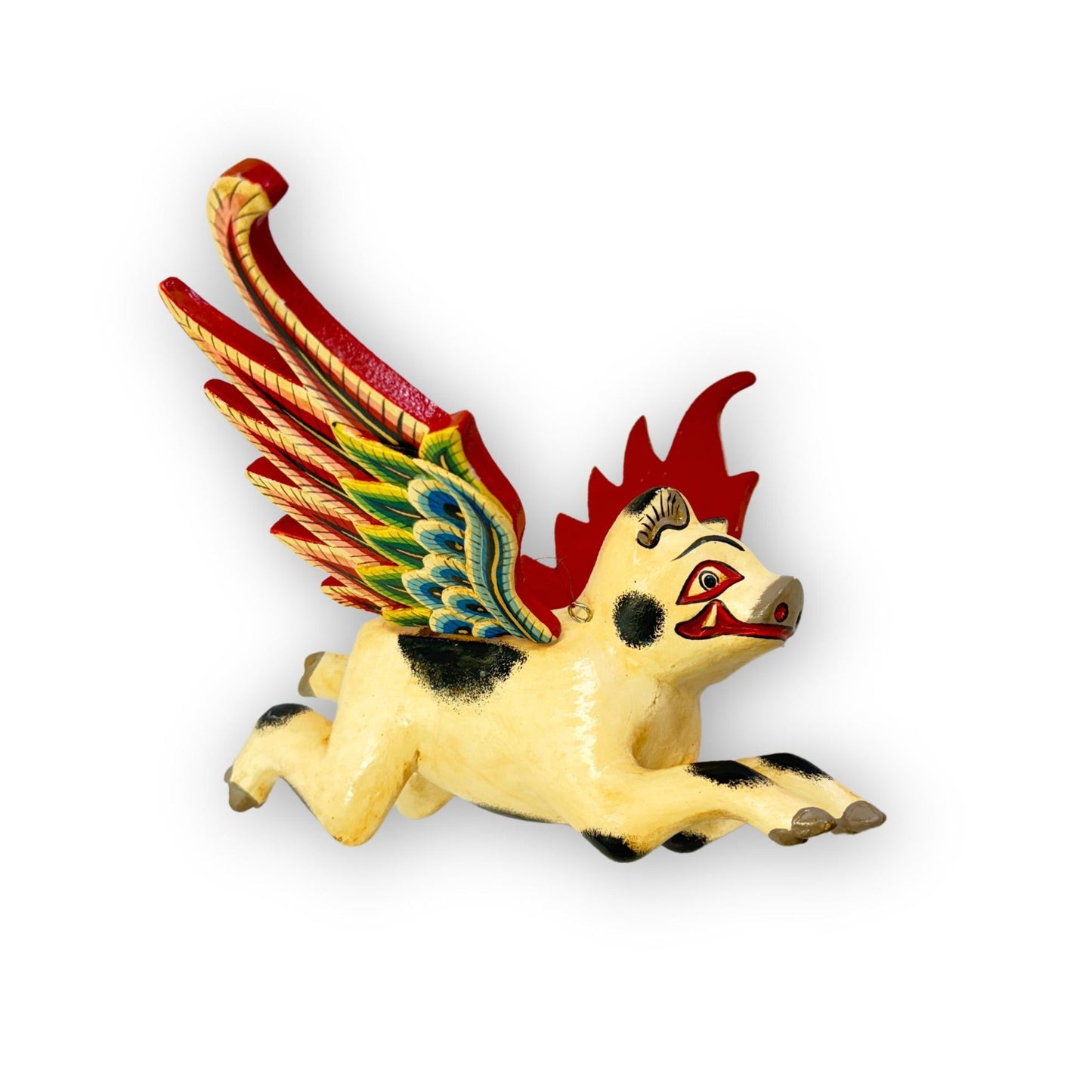 Balinese Flying Pig Mobile, Hand Carved Wood Spiritchaser, Bali Folk art