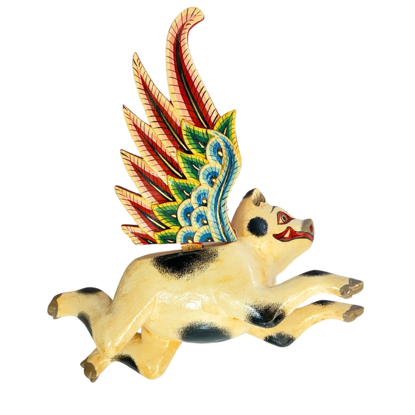 Balinese Flying Pig Mobile, Hand Carved Wood Spiritchaser, Bali Folk art