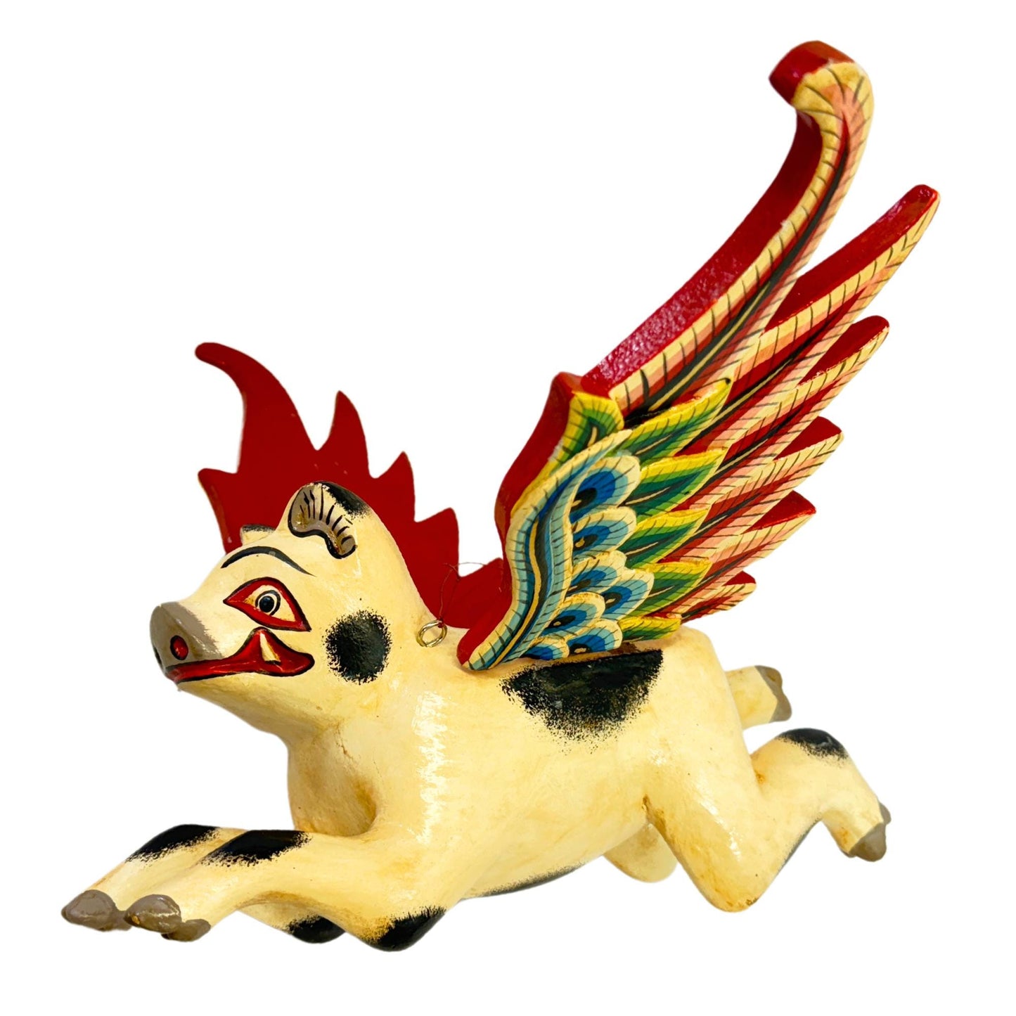 Balinese Flying Pig Mobile, Hand Carved Wood Spiritchaser, Bali Folk art