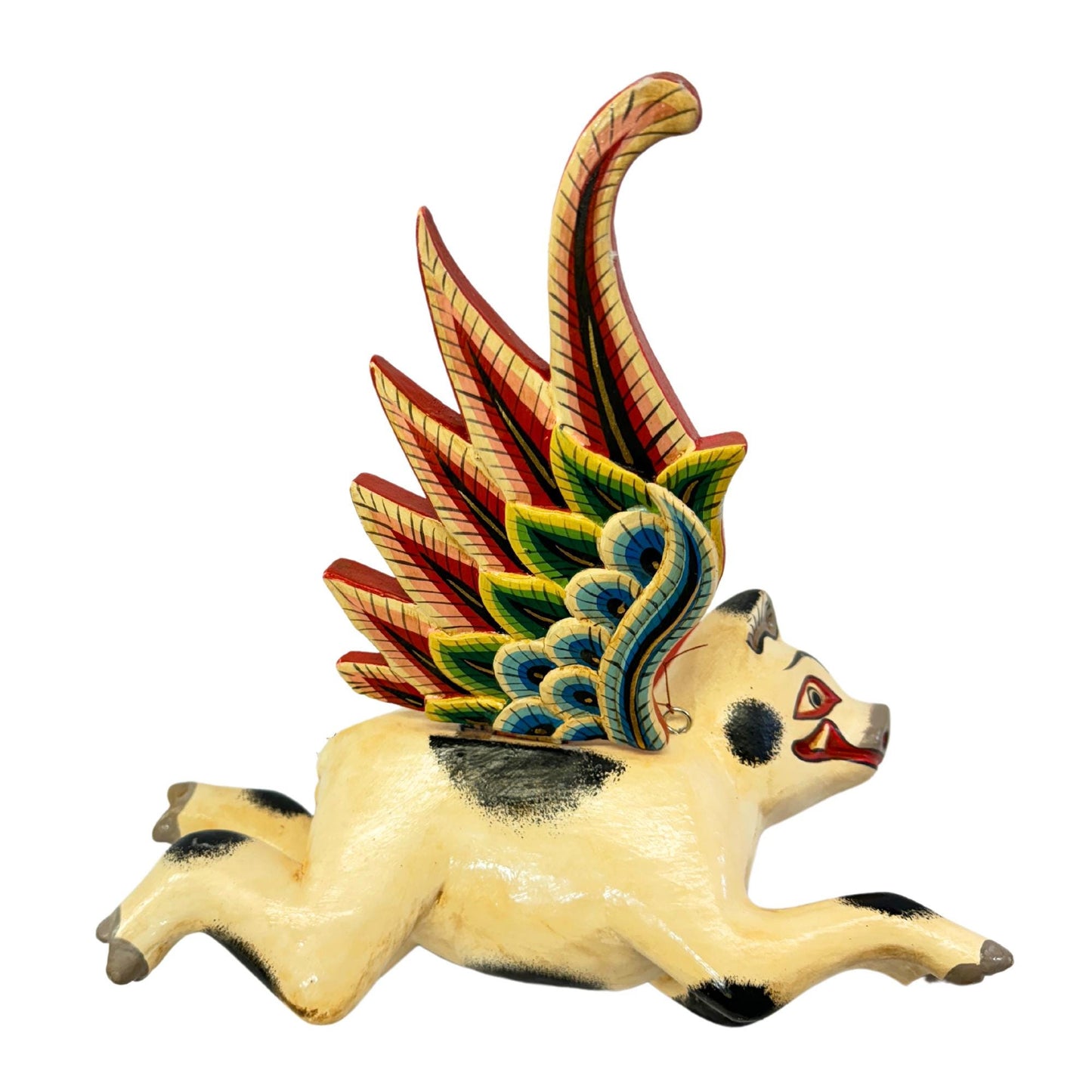 Balinese Flying Pig Mobile, Hand Carved Wood Spiritchaser, Bali Folk art