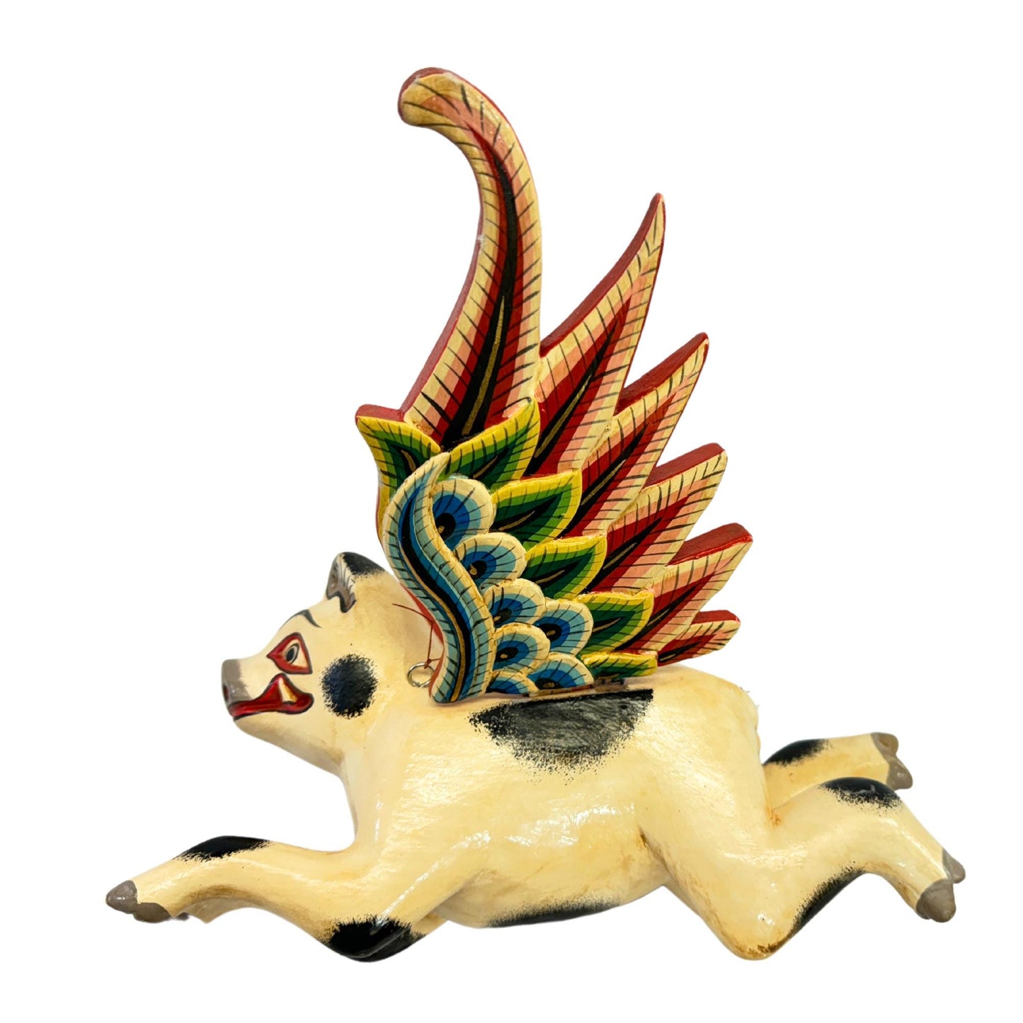 Balinese Flying Pig Mobile, Hand Carved Wood Spiritchaser, Bali Folk art