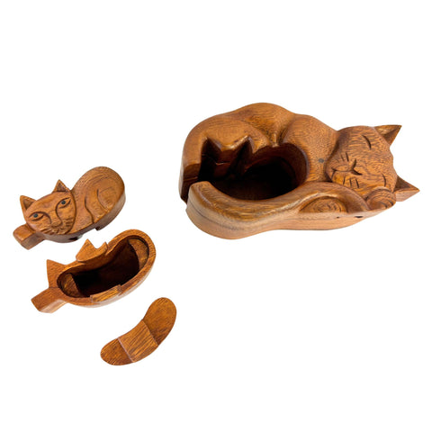 Mother Cat  and Kitten Secret puzzle Box Stash Trinket carved suar wood Bali Art