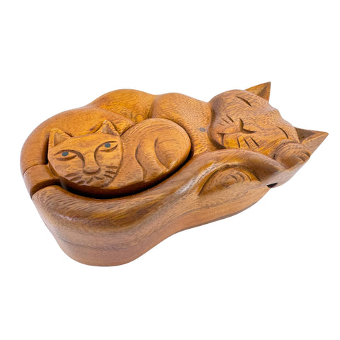 Mother Cat  and Kitten Secret puzzle Box Stash Trinket carved suar wood Bali Art