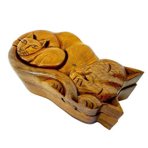 Mother Cat  and Kitten Secret puzzle Box Stash Trinket carved suar wood Bali Art