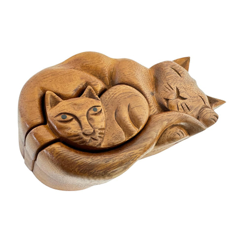 Mother Cat  and Kitten Secret puzzle Box Stash Trinket carved suar wood Bali Art