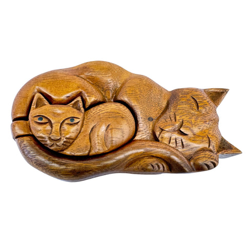 Mother Cat  and Kitten Secret puzzle Box Stash Trinket carved suar wood Bali Art