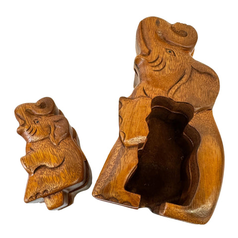 Mother Elephant and Baby Elephant Secret puzzle Box Stash Trinket carved suar wood Bali Art