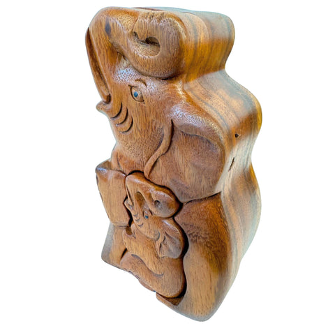 Mother Elephant and Baby Elephant Secret puzzle Box Stash Trinket carved suar wood Bali Art