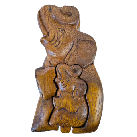 Mother Elephant and Baby Elephant Secret puzzle Box Stash Trinket carved suar wood Bali Art