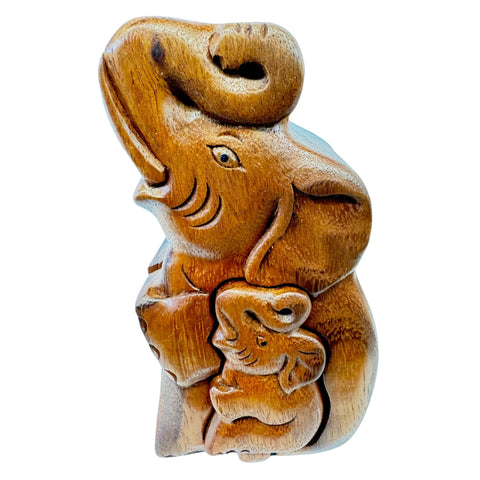 Mother Elephant and Baby Elephant Secret puzzle Box Stash Trinket carved suar wood Bali Art