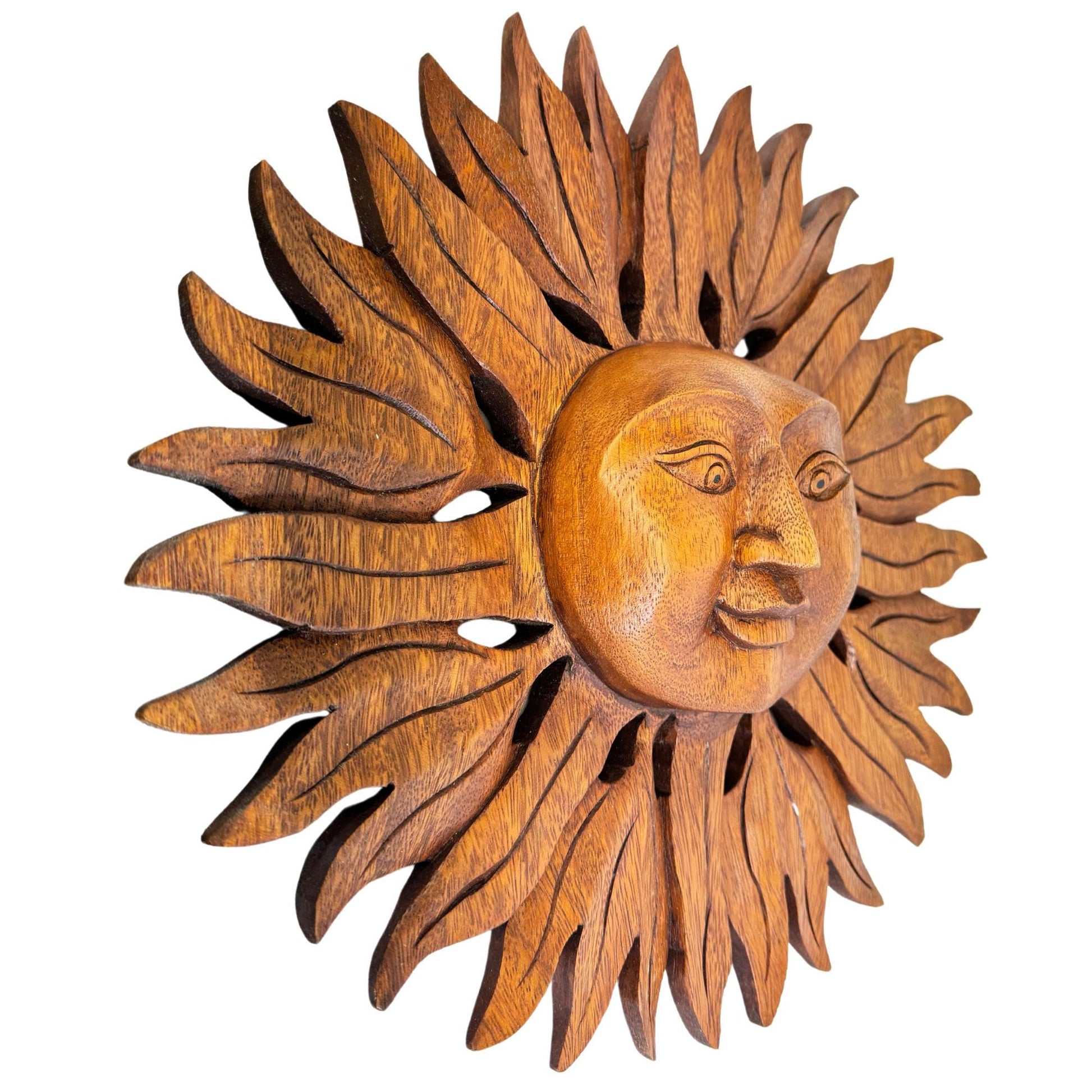 Sun Disc Sunburst Celestial Wall Art Plaque Carved hand carved natural wood Carving Bali Balinese folk art 14&quot; - Acadia World Traders