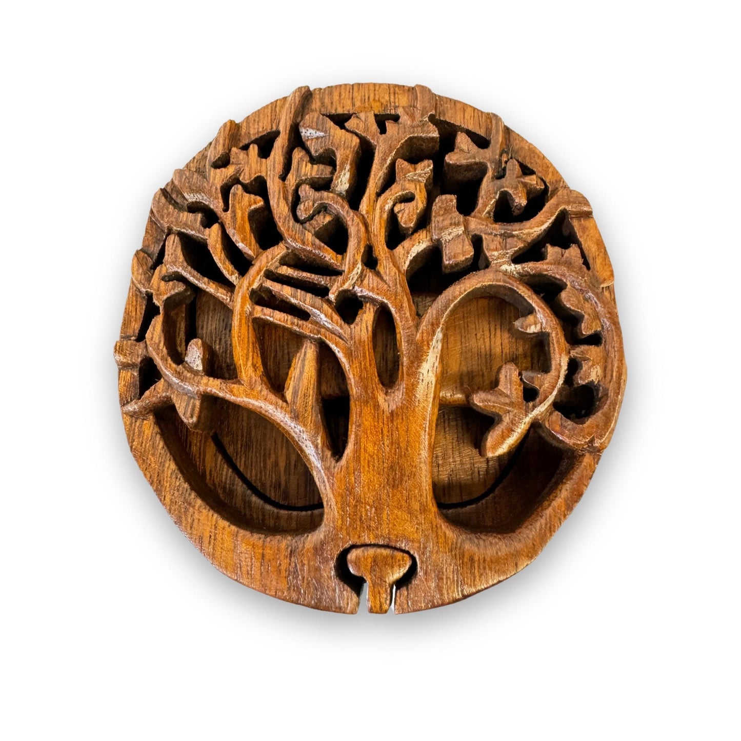 Balinese Tree of Life Secret puzzle Round Box Stash Trinket  jewelry gift box Hand carved suar wood Bali Art