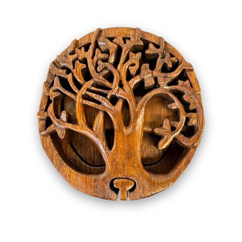 Balinese Tree of Life Secret puzzle Round Box Stash Trinket  jewelry gift box Hand carved suar wood Bali Art