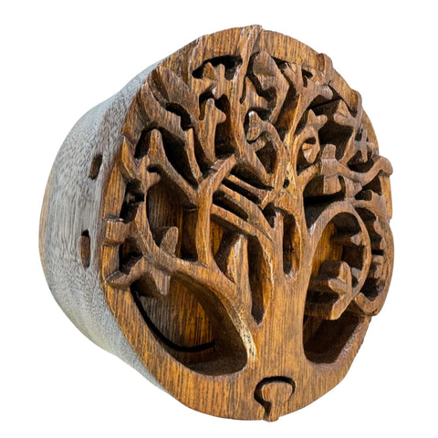 Balinese Tree of Life Secret puzzle Round Box Stash Trinket  jewelry gift box Hand carved suar wood Bali Art