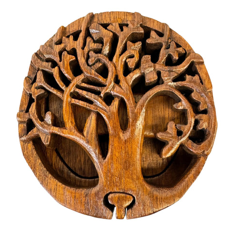 Balinese Tree of Life Secret puzzle Round Box Stash Trinket  jewelry gift box Hand carved suar wood Bali Art