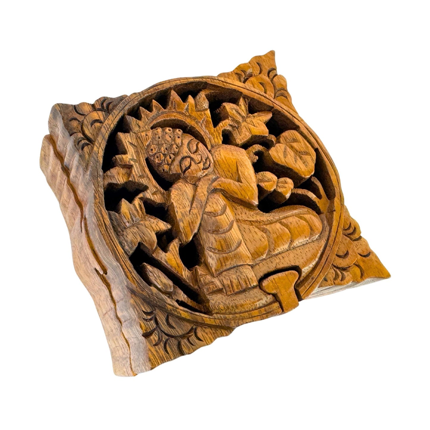 Thinking Buddha Wooden secret puzzle Jewelry Box Stash Box Gift Box Handmade Hand Carved Wood