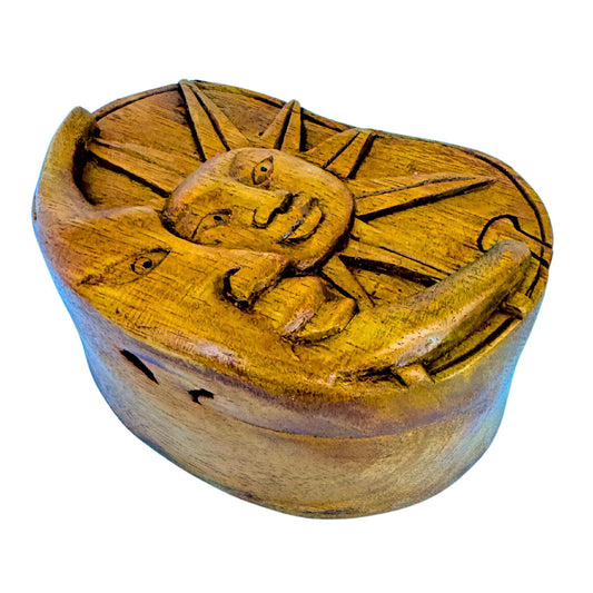 Celestial Sun & Moon Secret Puzzle Box Trinket Jewelry gift box Hand Carved wood wooden Stash box